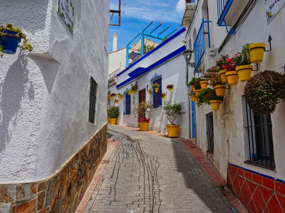 Whitewashed alley with blue flower pots and ceramic tiles in Estepona old town Andalusia Spain