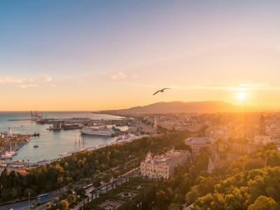 Málaga harbour at golden hour sunset with city skyline and Mediterranean sea Andalusia Spain