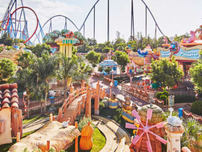 Aerial view of PortAventura theme park colorful rides and attractions Costa Dorada Tarragona Spain