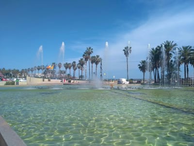 Salou promenade fountain and palm trees with turquoise sea and resort hotels Costa Dorada Spain