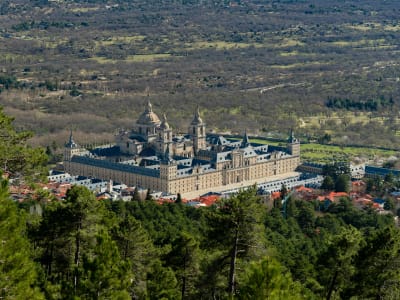 Aerial view of El Escorial Royal Monastery nestled in Sierra de Guadarrama mountains near Madrid Spain