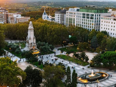 Aerial view of Plaza de España Madrid with monument tree-lined boulevard and city skyline Spain
