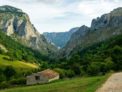 Traditional stone hut on hiking trail through Picos de Europa valley Asturias Spain
