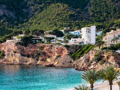 Luxury villas on pine-covered hillside above turquoise cove on Costa Blanca Alicante Spain