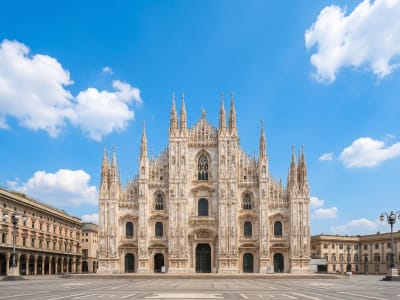 Milan Cathedral Duomo white Gothic facade and spires on Piazza del Duomo Lombardy Italy