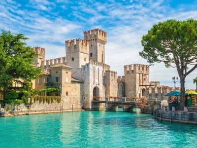 Sirmione castle on Lake Garda with medieval towers and moat Lombardy northern Italy