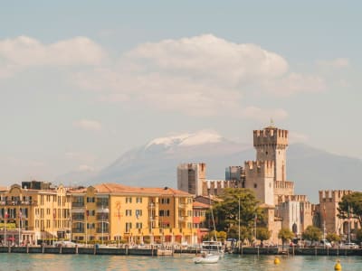 Sirmione on Lake Garda with medieval Scaligero castle and lakefront buildings northern Italy
