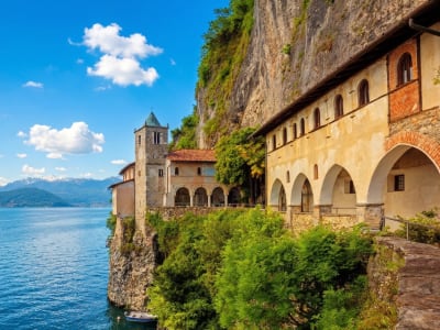 Santa Caterina del Sasso monastery clinging to rocky cliff above Lake Maggiore Lombardy Italy