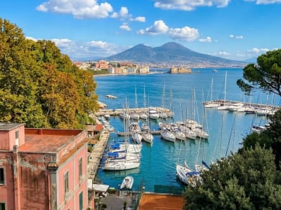Naples marina with sailboats Vesuvius volcano and city skyline from hillside Campania Italy