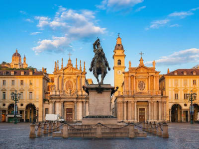 Piazza San Carlo Turin with equestrian statue baroque church and golden arcades Piedmont Italy