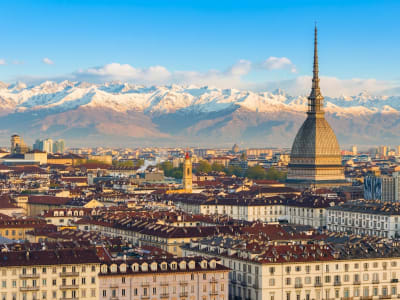 Turin Mole Antonelliana tower and Alps panorama with city skyline Piedmont northern Italy