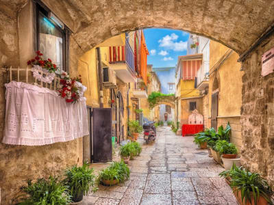 Narrow arched alley with colourful laundry and potted plants in the old town of Bari Vecchia