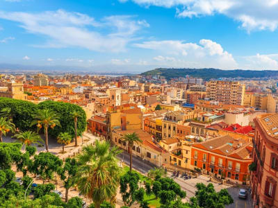 Aerial view over the warm-toned rooftops and palm-lined streets of Cagliari with hills in the background