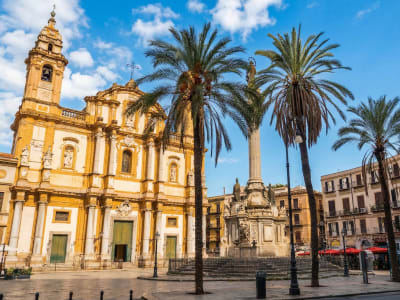 Baroque church of San Domenico with palm trees on the piazza in the historic centre of Palermo, Sicily