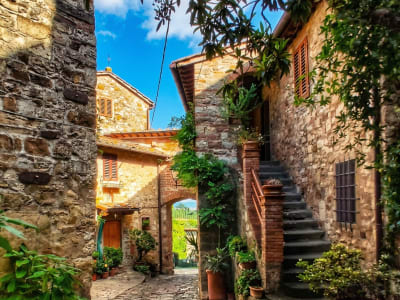 Narrow stone alley with steps and ivy-covered walls in a traditional Chianti hill village, Tuscany, Italy