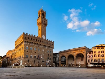 Palazzo Vecchio with its tall medieval tower on the Piazza della Signoria in Florence, Tuscany, Italy