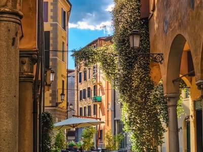 Ivy-covered archway and cafe terrace on a narrow street in the historic centre of Padova, Italy