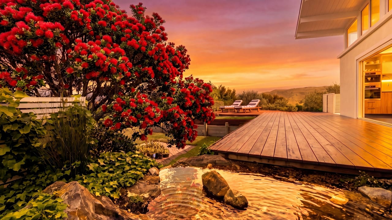 Wrap-around deck at golden sunset — pōhutukawa in bloom, water feature glowing, kitchen warm inside, Hawke's Bay NZ