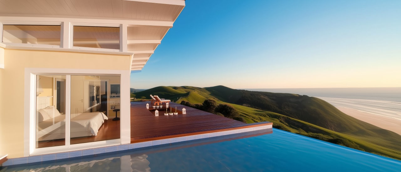 Bay House seaview bedroom wing panorama — open slider, deck loungers, green Hawke's Bay hills, Pacific at golden hour