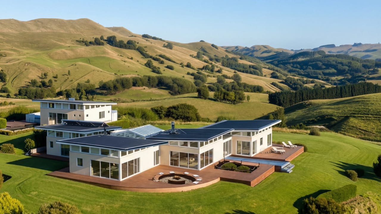 Bay House view from land side showing both wings, atrium glass roof, deck with fire pit, pool, and rolling Hawke's Bay hills behind