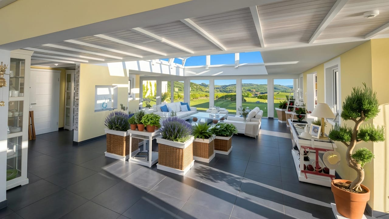 Glass-roofed atrium at Bay House with lavender herb planters and Hawke's Bay range views through floor-to-ceiling windows