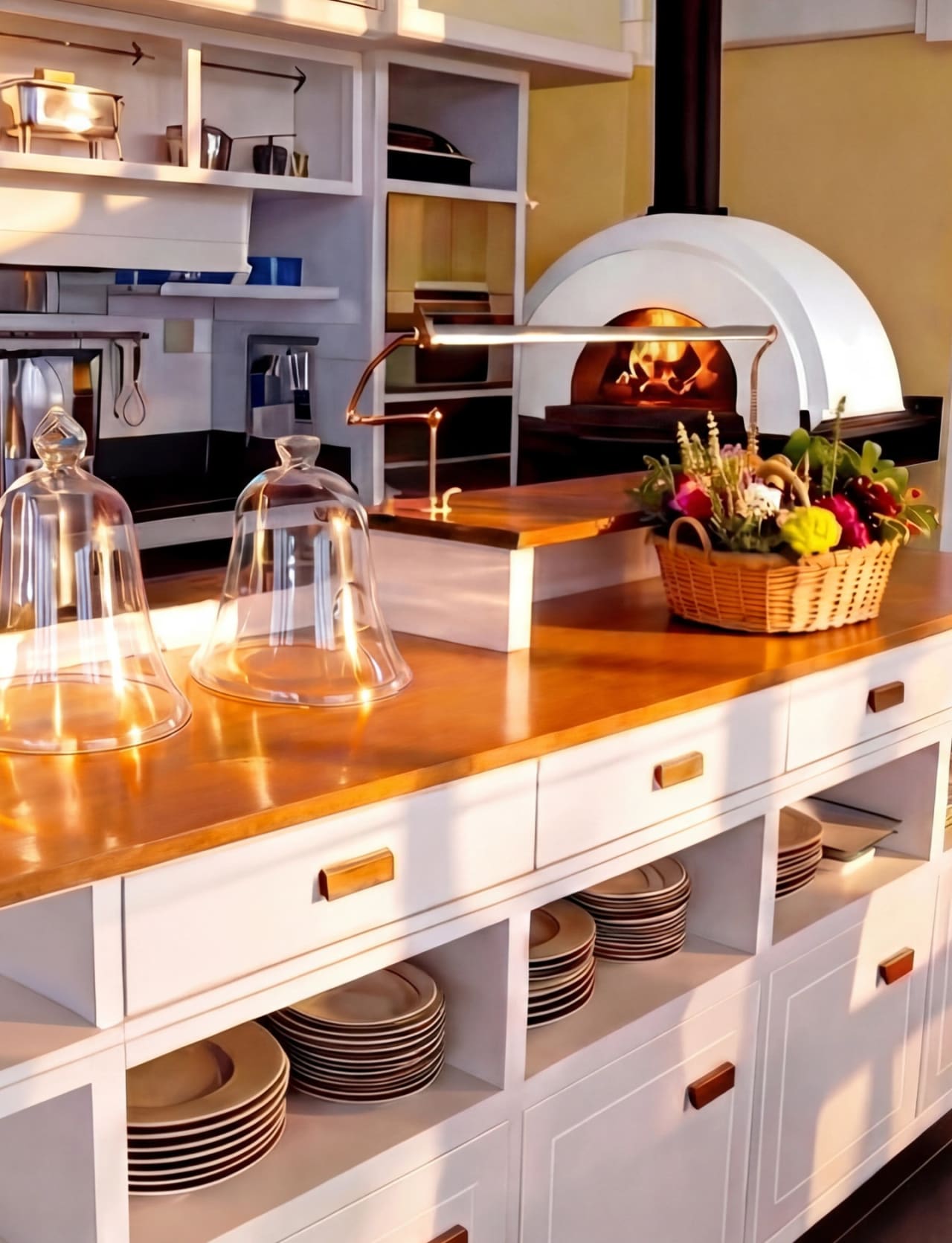 Bay House kitchen island — Salu-Salu timber top, wood-fired pizza oven with live fire, flower basket and glass cloches