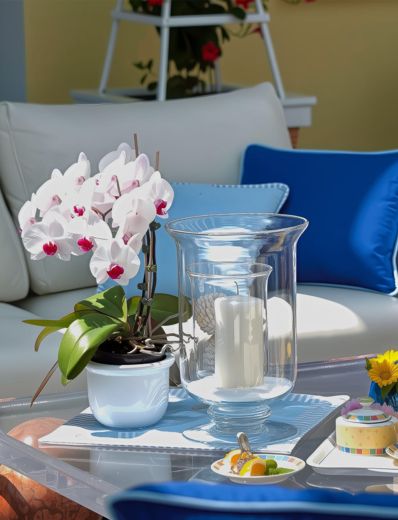 Close-up of white phalaenopsis orchid and glass hurricane vase on a coffee table inside a New Zealand luxury Atrium