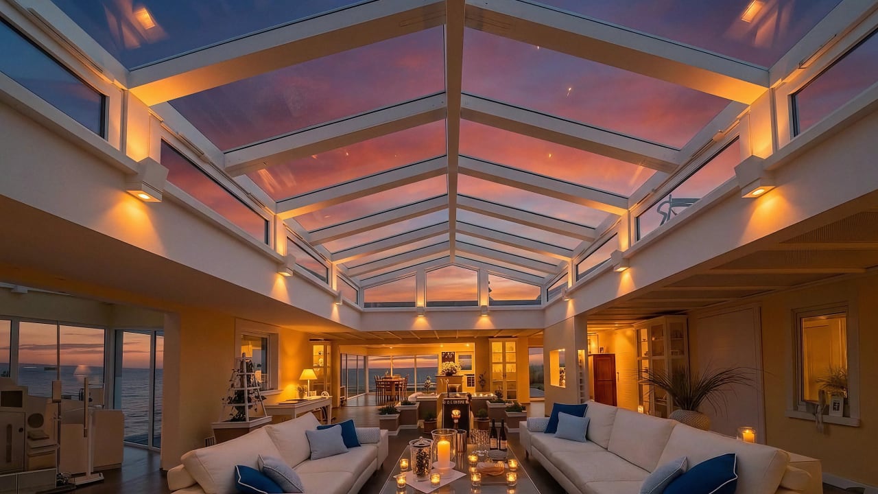 Bay House atrium at dusk with pink and purple sunset sky through Gutmann glass roof, amber uplighting on beams, white sofas with candles and glowing ocean
