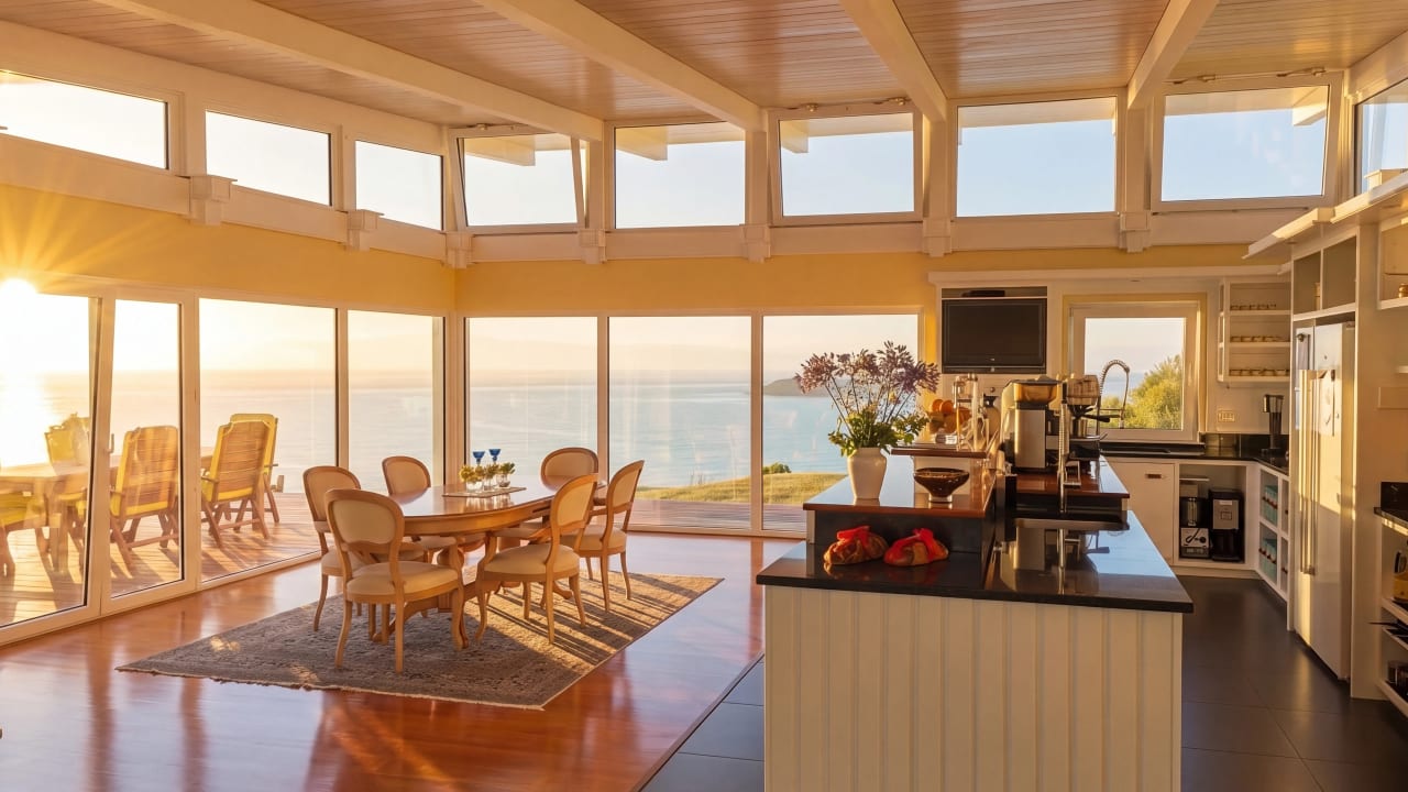 Open-plan chef's kitchen at golden hour, Bay House — Tasmanian Oak floors, Koemmerling windows framing the Pacific sunset