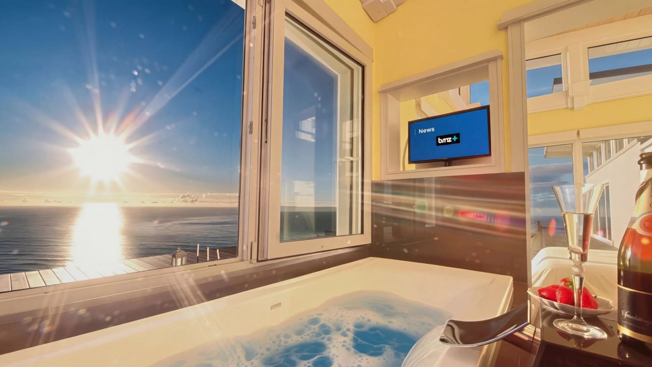Spa bath in seaview ensuite facing Pacific Ocean sunrise through tilt-and-turn window, with wall-mounted TV and champagne.