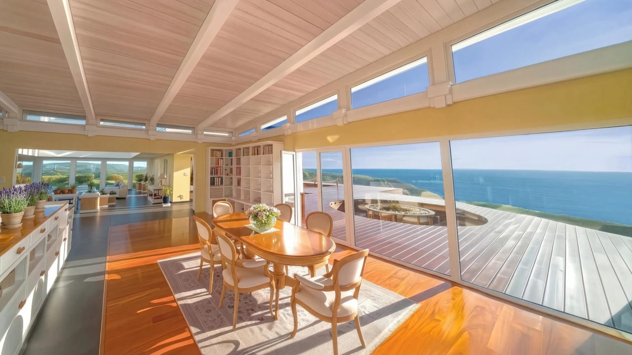 Open-plan dining area with oval table, white T&G ceiling, and floor-to-ceiling glass walls opening to the deck and Pacific ocean beyond