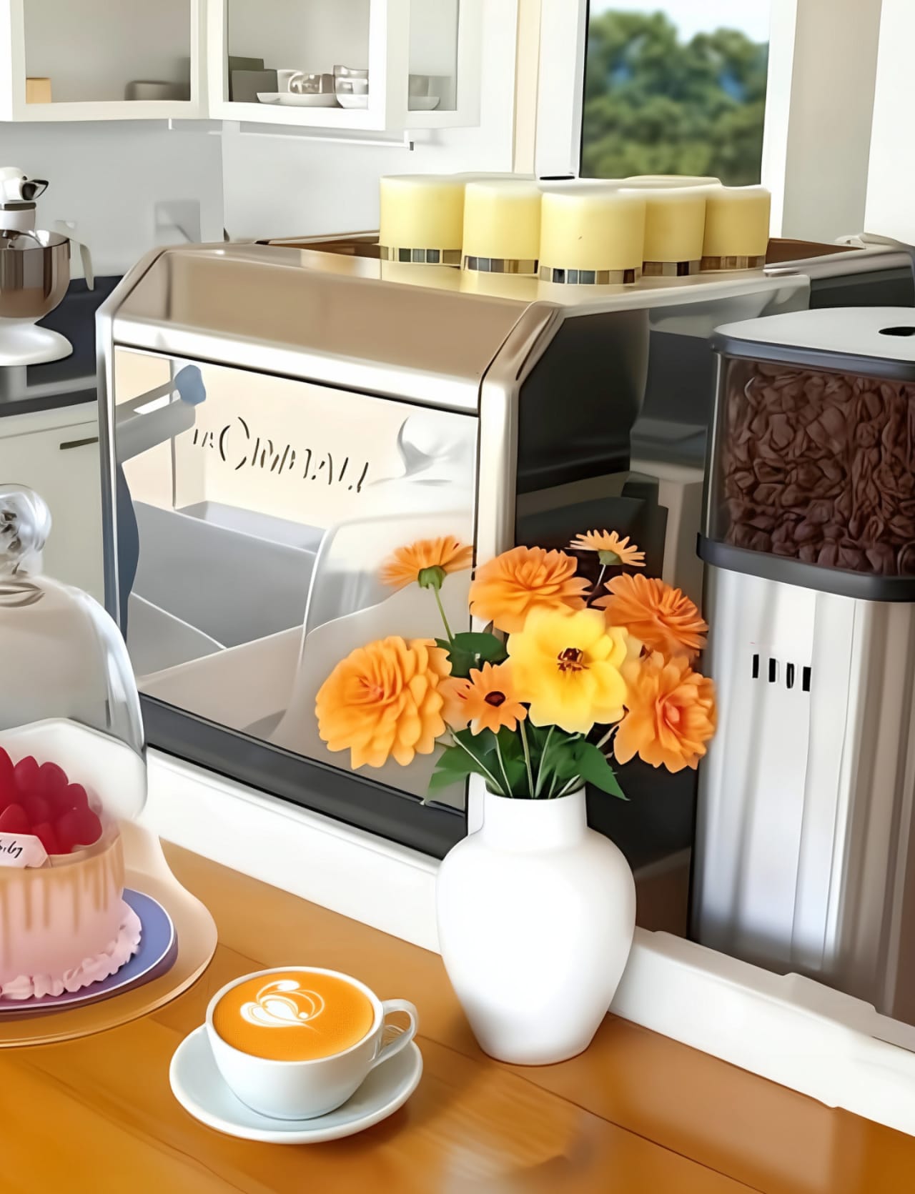 La Cimbali espresso machine with bean grinder and fresh latte — Bay House kitchen counter, ocean view through coastal window