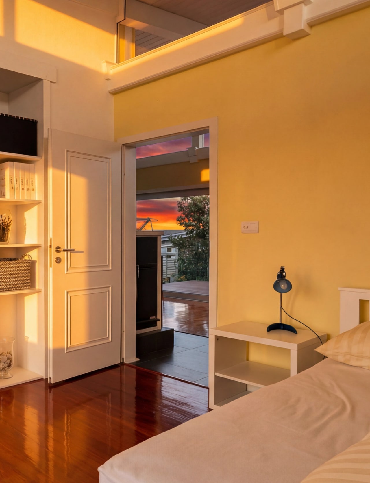 Second bedroom doorway at sunset — fiery pink sky through open deck door, white bedside table with lamp and oak floor