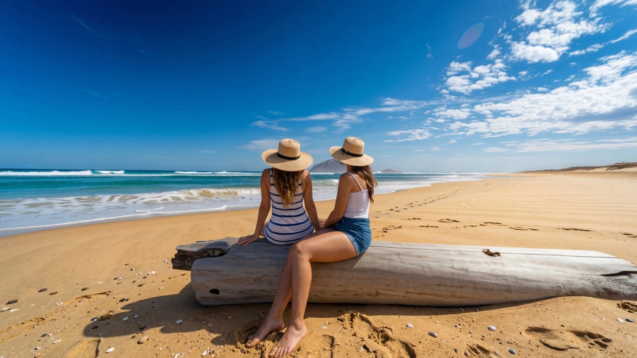 Two women in straw hats sitting on driftwood at Waimarama Beach with Bare Island in the distance.