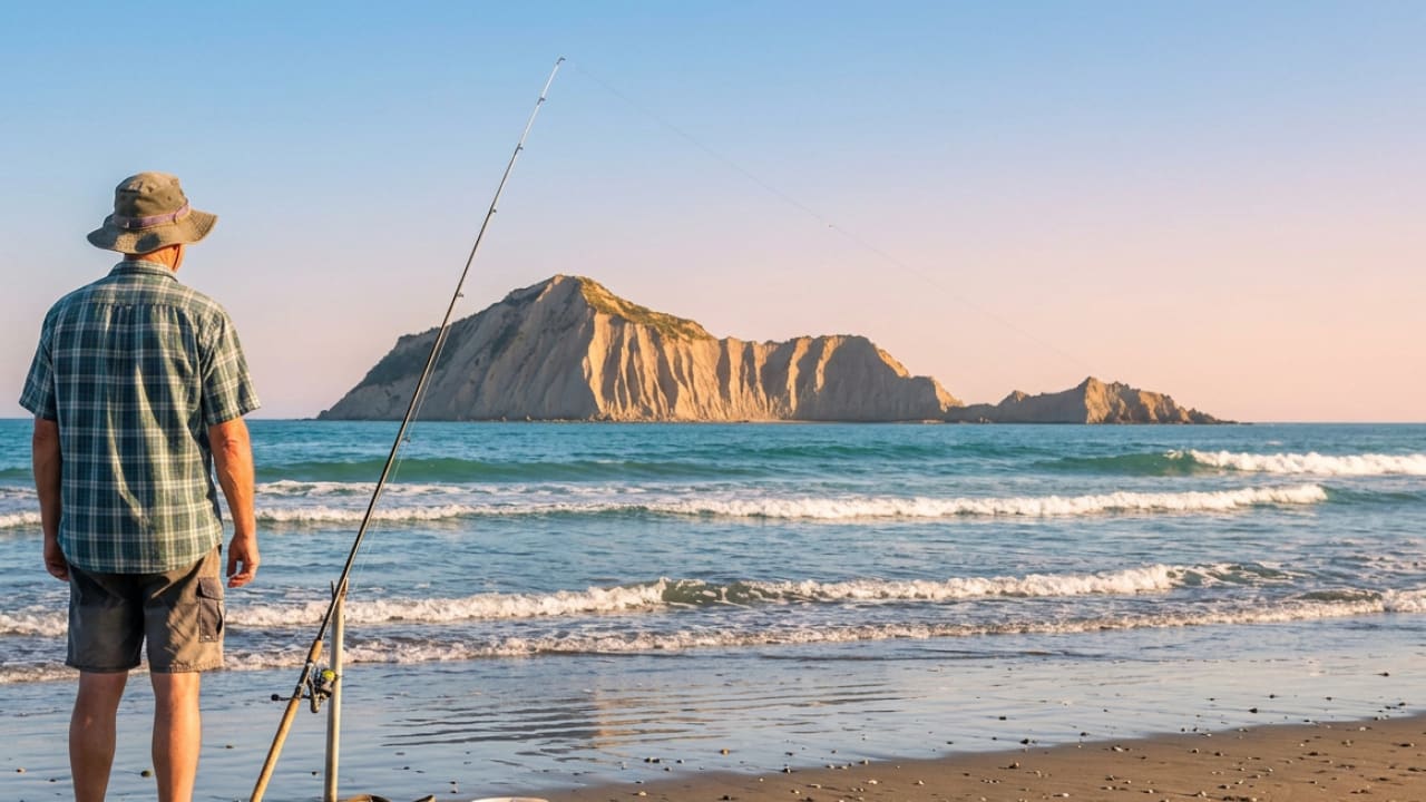 Man surf fishing at Waimarama Beach with Bare Island in the background and golden afternoon light.
