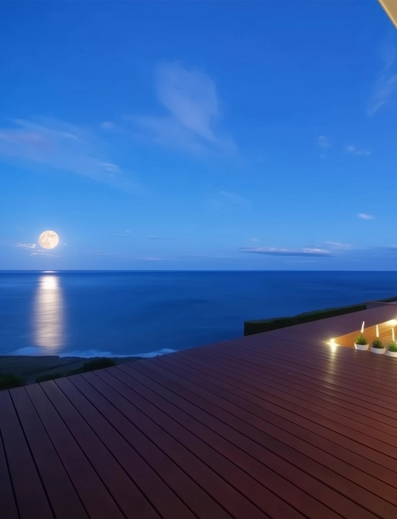 Oceanfront property for sale. Full moon over Pacific Ocean from Bay House deck at blue hour, uplighted planters and seaview bedroom
