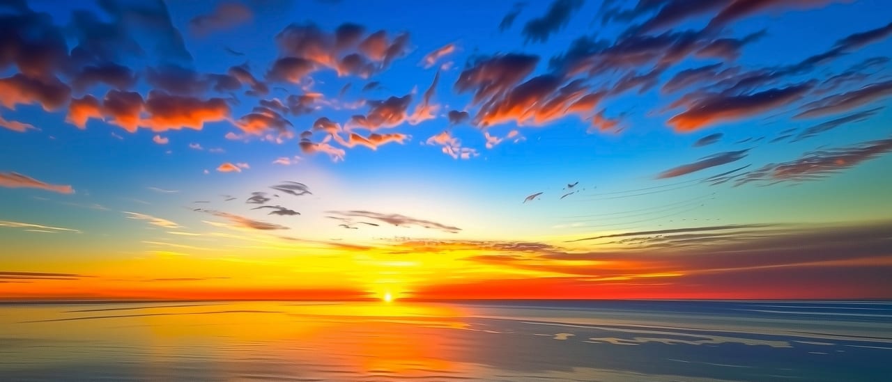 Panoramic ocean sunrise showing brilliant orange and gold horizon, dramatic amber clouds and deep blue sky reflected in calm water.