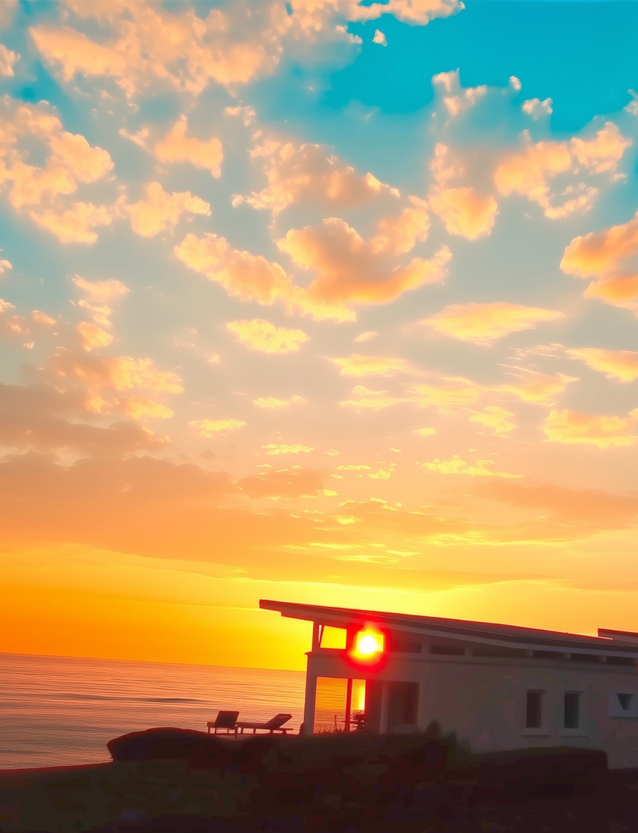 Portrait drone view of Bay House deck chairs at sunrise with dramatic orange sky over calm Pacific Ocean, Hawke's Bay, New Zealand