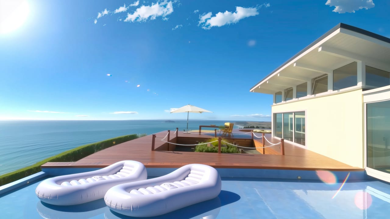Bay House water feature with inflatable floats, hardwood deck, parasol, Pacific Ocean horizon, Hawke's Bay blue sky