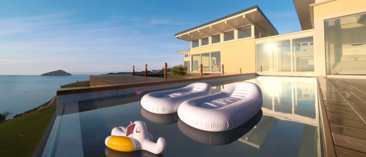 Bay House water feature panorama at dusk — children's duck float, loungers, glass link, seaview bedroom, Bare Island