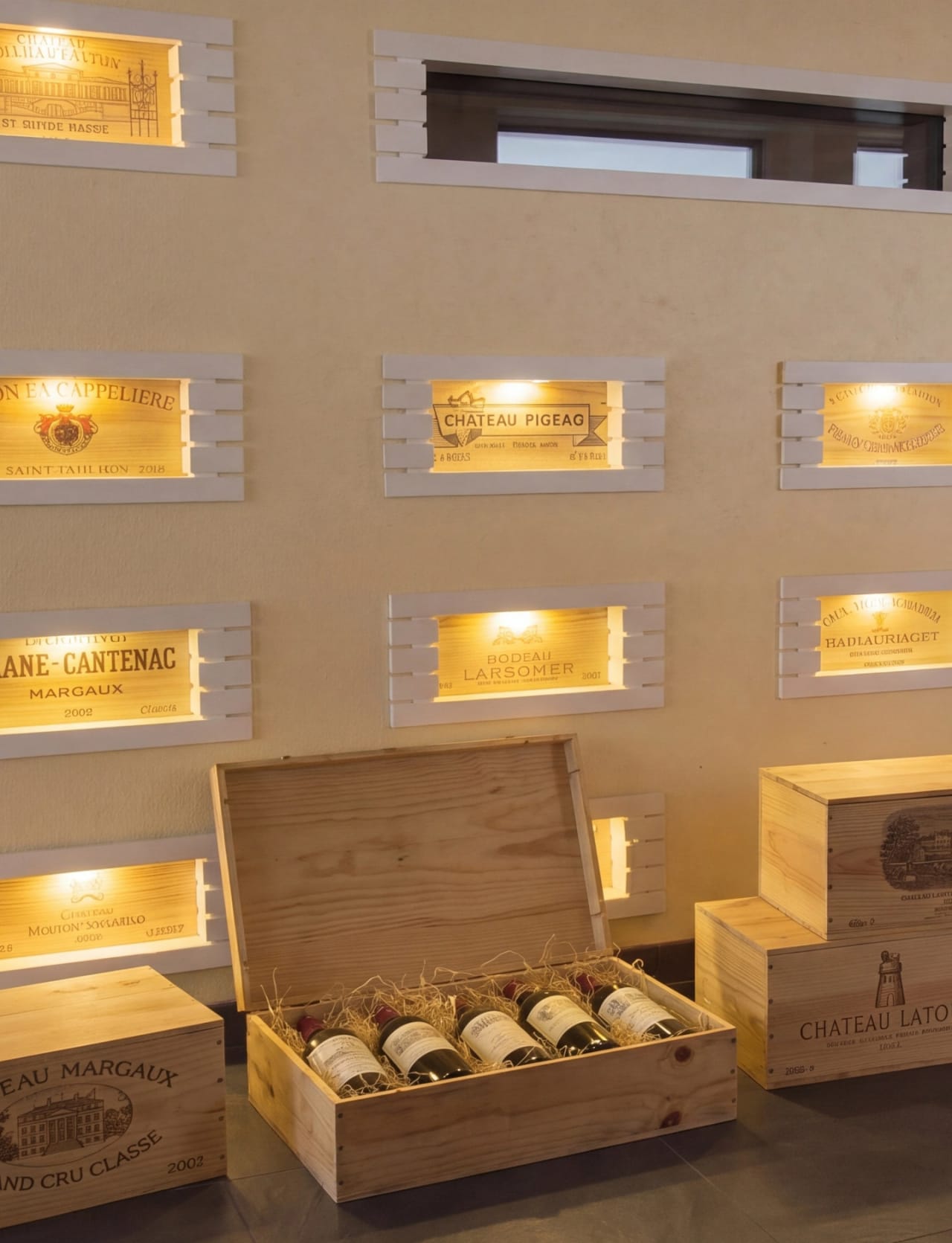 Portrait view of Bay House wine room floor with stacked Château Latour, Brane-Cantenac, and Mouton Rothschild wooden cases.