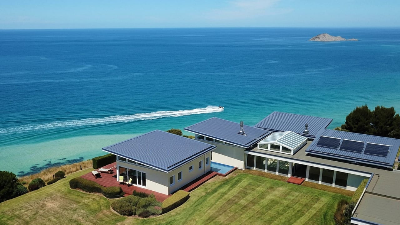 Beachfront and arial view over Bay House rooftop showing solar panels, atrium glass roof, turquoise Pacific and speedboat.