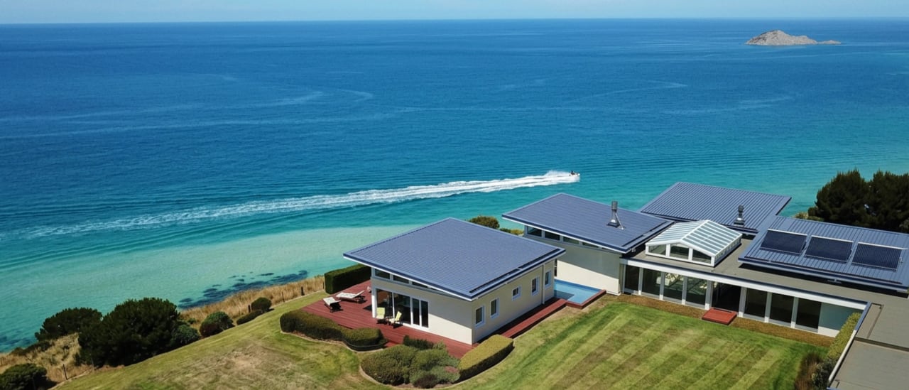 Wide aerial of Bay House with solar roof, atrium glass, speedboat crossing turquoise Pacific and Bare Island to the right.