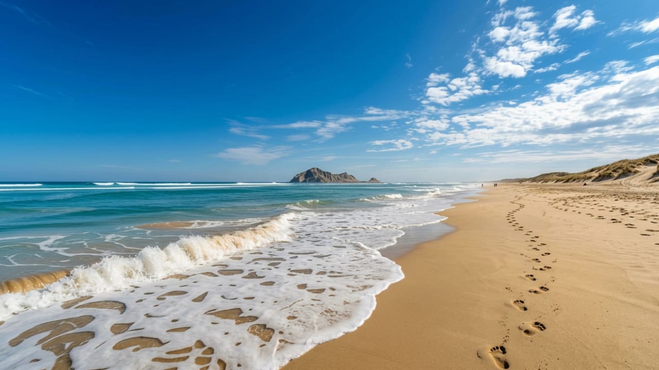 Golden sand and turquoise surf at Waimarama Beach, Bare Island visible on the horizon, footprints leading south.