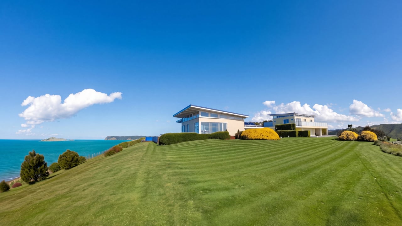 Oceanfront seaview property Hawke's Bay NZ — house on hilltop, Bare Island offshore, turquoise Pacific and green lawn