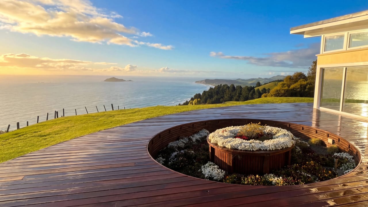 Elevated Hawke's Bay coastal deck after rain — sunken garden, wet cherry timber, Pacific coastline to the horizon