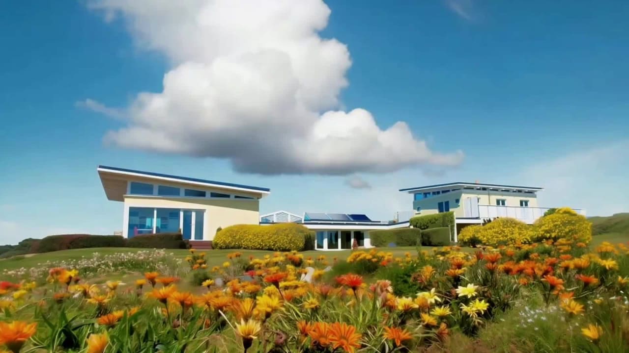 Vibrant spring wildflowers in foreground with Bay House seaview bedroom and guest house on Hawke's Bay coastal hillside