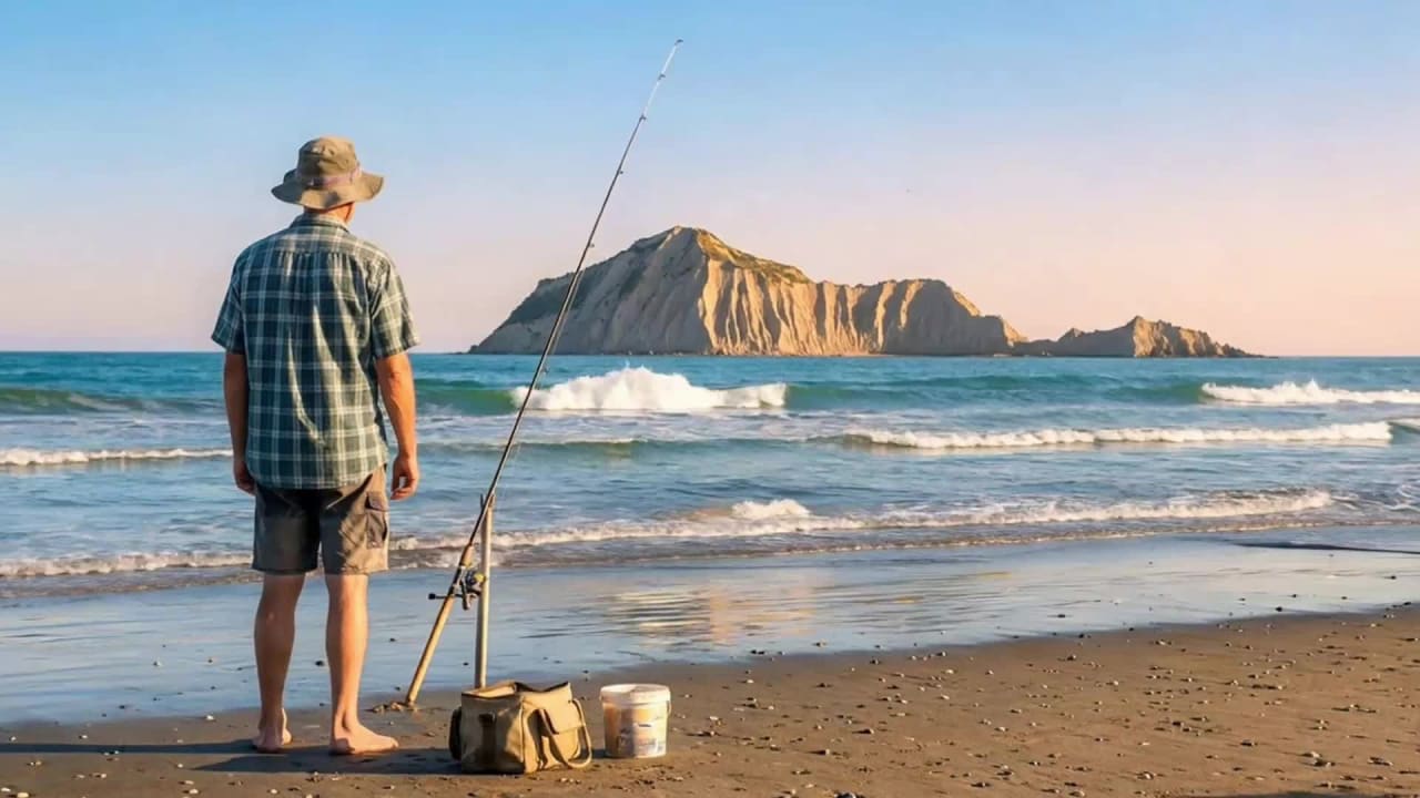 Surf fishing at Waimarama Beach near Bay House New Zealand — Pacific surf, Bare Island and 3.2km beach crescent