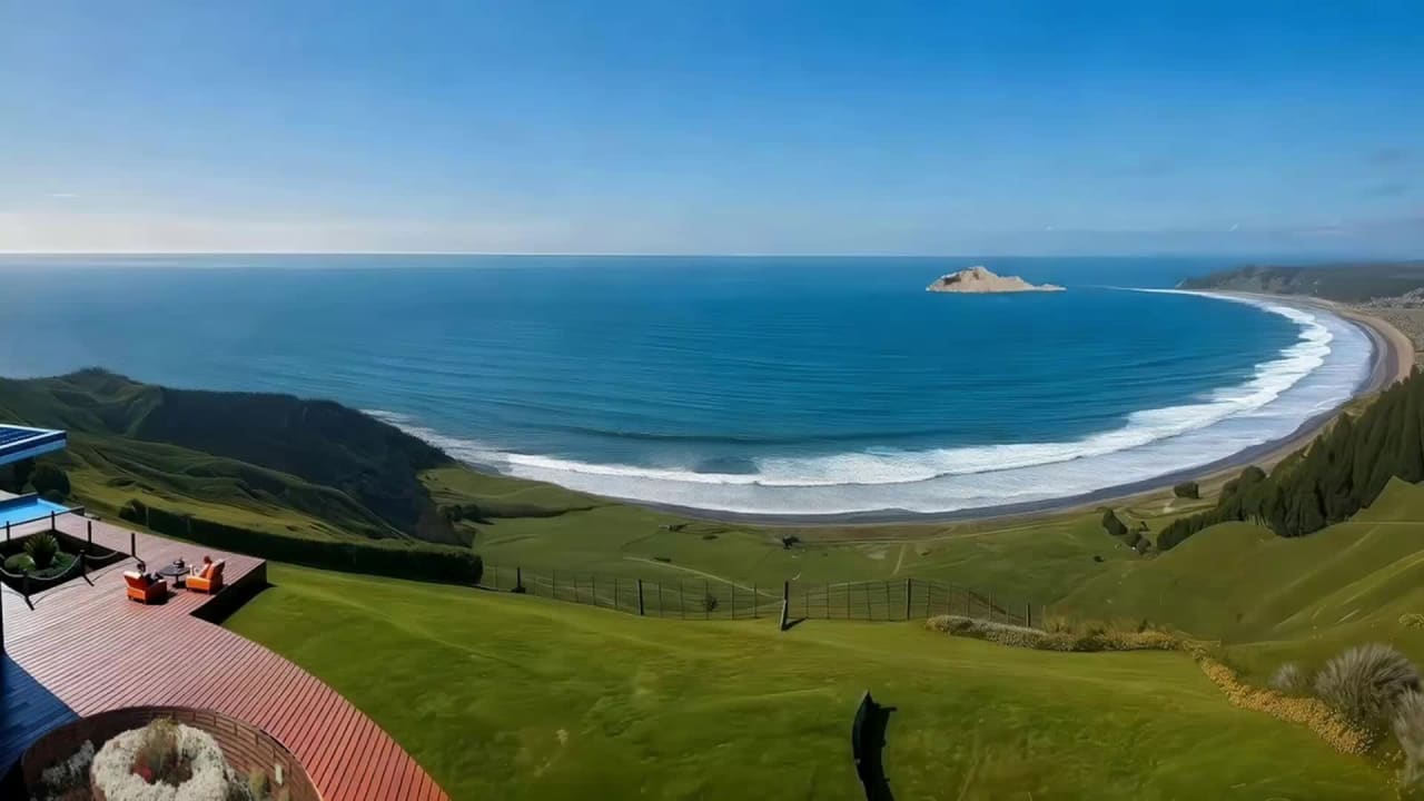 Elevated deck view over Waimarama Beach, Bare Island and Hawke's Bay Pacific coastline from 192m