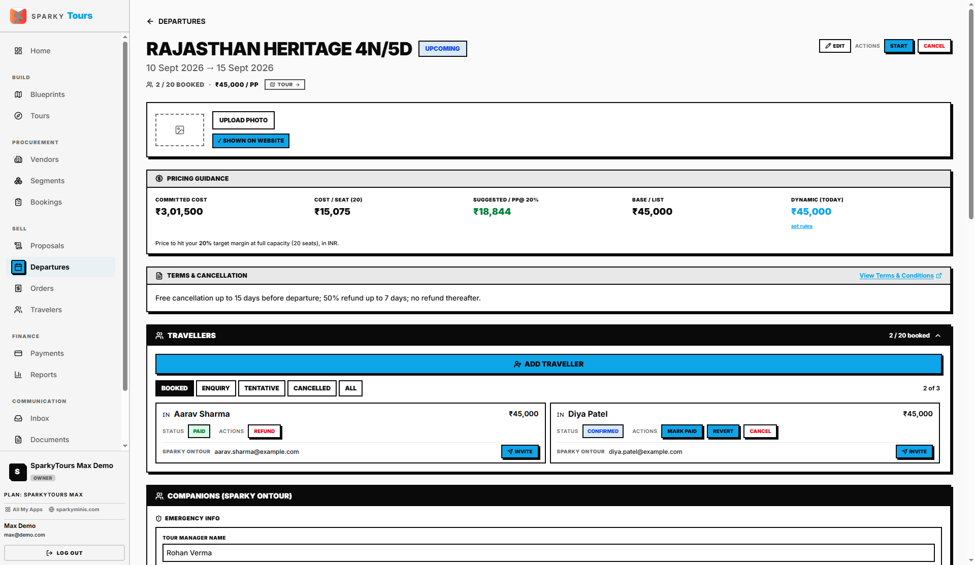 Departure detail — pricing and status
